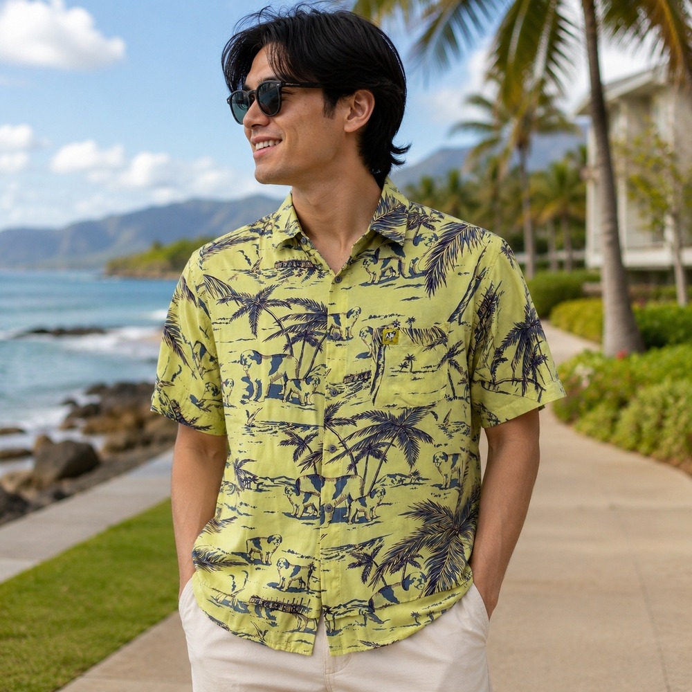 Vintage Big Dogs California Beaches Hawaiian Shirt Dogs Palm Trees Men's S